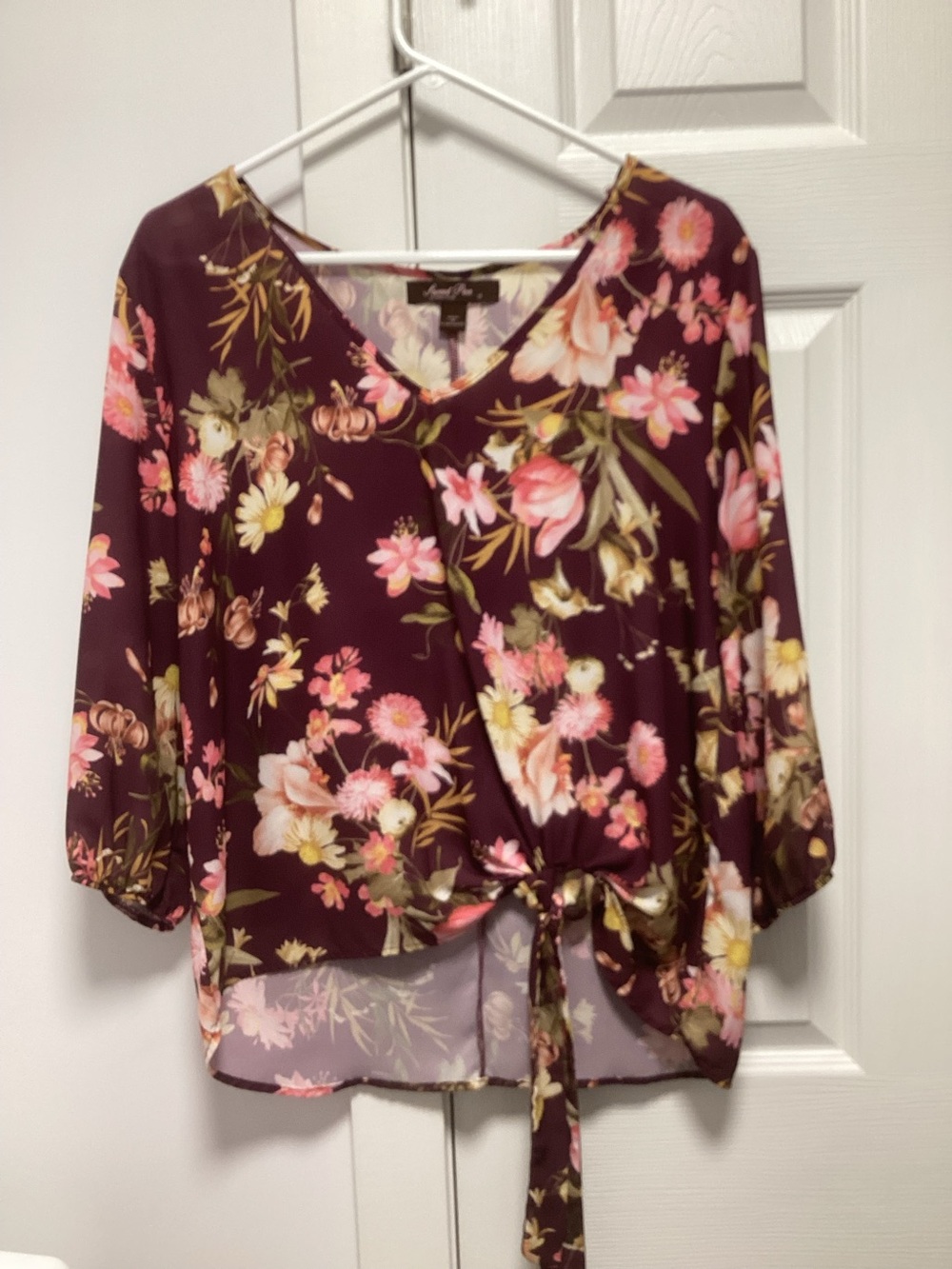 Beautiful Floral Tie-Front Blouse - Purple Floral - Size M